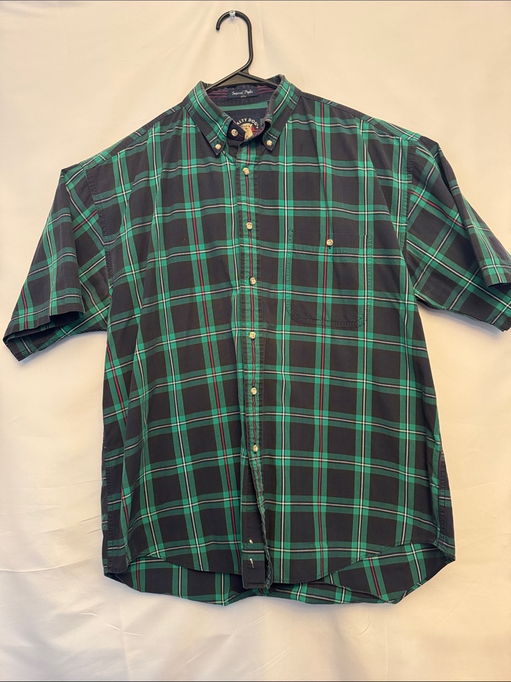 Vintage The Salty Dog Men's Plaid Button Down Shirt - Green/Black Short Sleeve